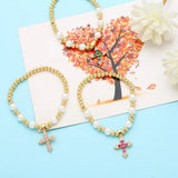 Colorful CZ Crystal Cross Bracelet Copper Plated Beads Pearl Religious Jewelry