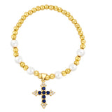 Colorful CZ Crystal Cross Bracelet Copper Plated Beads Pearl Religious Jewelry