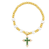 Colorful CZ Crystal Cross Bracelet Copper Plated Beads Pearl Religious Jewelry