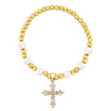Colorful CZ Crystal Cross Bracelet Copper Plated Beads Pearl Religious Jewelry