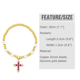 Colorful CZ Crystal Cross Bracelet Copper Plated Beads Pearl Religious Jewelry
