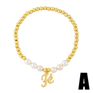 Copper CZ Fe Letter Bracelet for Women Bead Pearl Plated Girl Bracelet