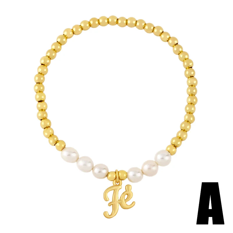 Copper CZ Fe Letter Bracelet for Women Bead Pearl Plated Girl Bracelet