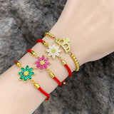 Fuchsia Crystal Daisy Bracelet Red Thread Chain CZ Jewelry