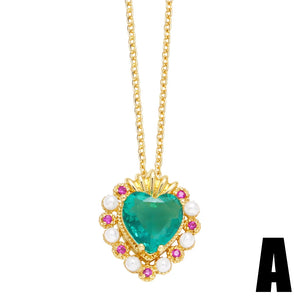 Multicolor CZ Crystal Heart Necklaces Pearls Green Heart Women