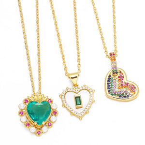 Multicolor CZ Crystal Heart Necklaces Pearls Green Heart Women