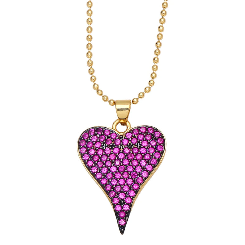 Romantic Fuchsia Heart Necklace for Women Copper Zircon Plated Beads Necklace