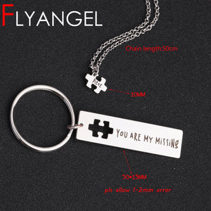 FLYANGEL Puzzle Necklace Keychain Couple Lover My Missing Piece Engraved Keyring