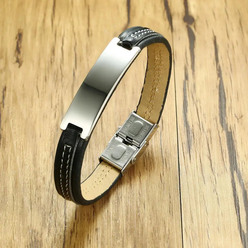Engraved Leather Bracelet for Men Adjustable Wristband