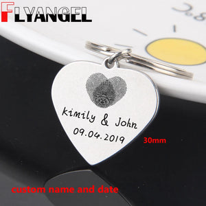 FLYANGEL Fingerprint Heart Keychain Engraved Name Date Keyring for Couples