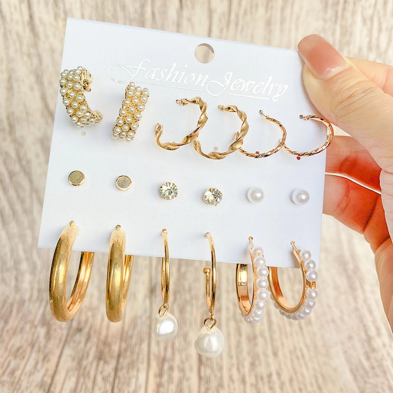 Women's Golden Hoop Earrings with Pearl Charm for Parties