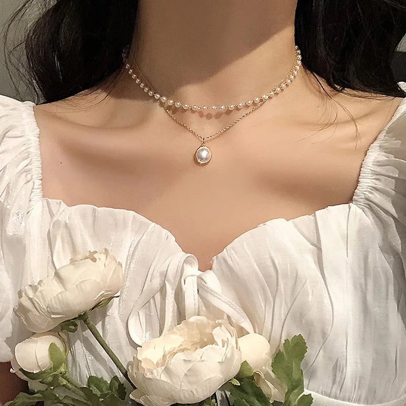 Vintage Crystal Pendant Necklace Women Beads Moon Star Choker