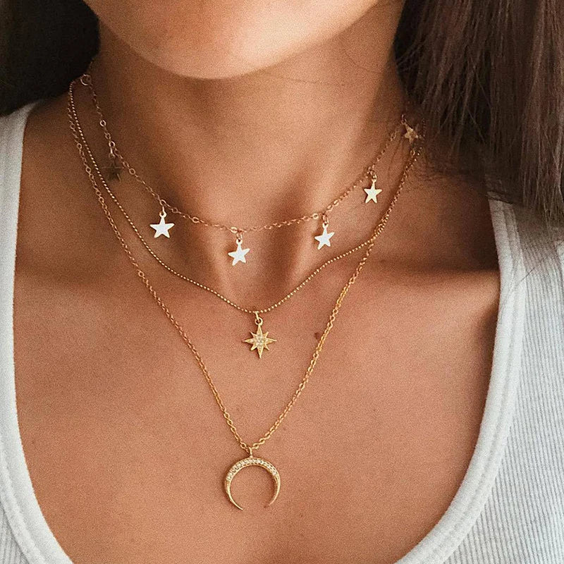 Vintage Crystal Pendant Necklace Women Beads Moon Star Choker
