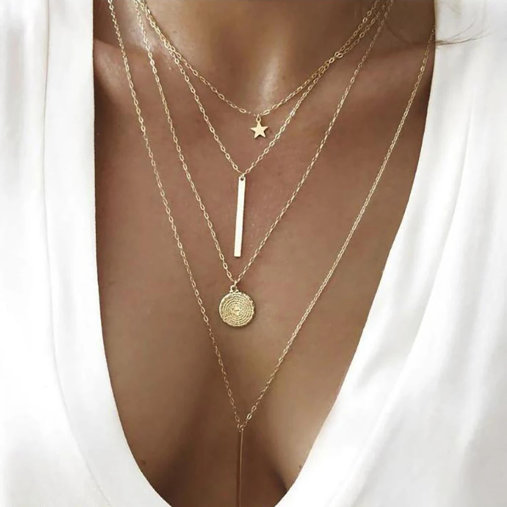 Vintage Crystal Pendant Necklace Women Beads Moon Star Choker