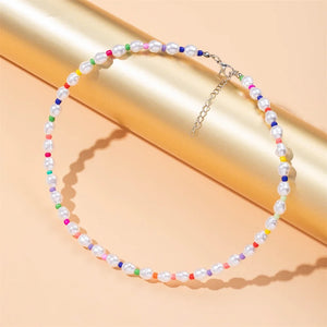 Colorful Beaded Pearl Choker Necklace Bohemian Flower Jewelry