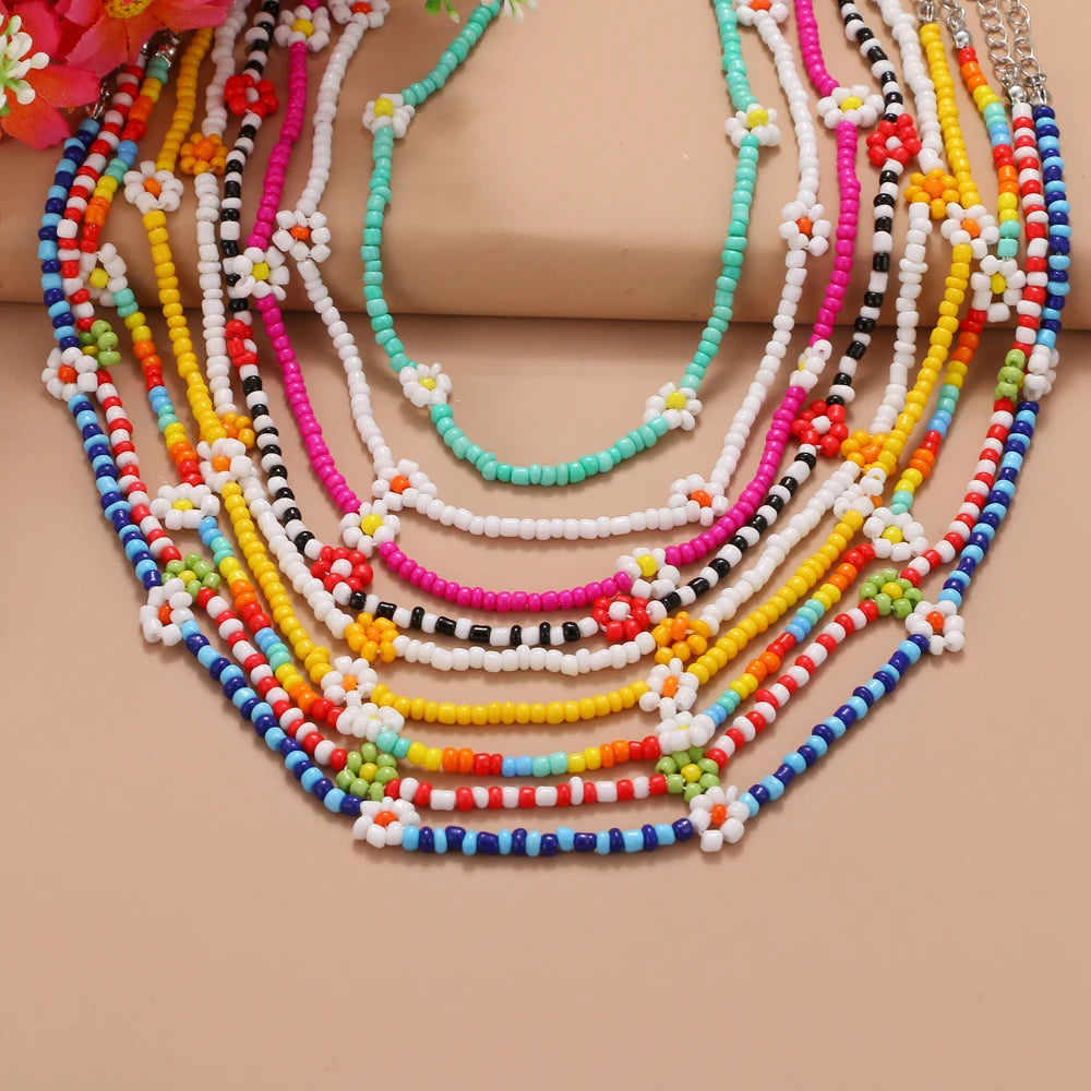 Colorful Beaded Pearl Choker Necklace Bohemian Flower Jewelry