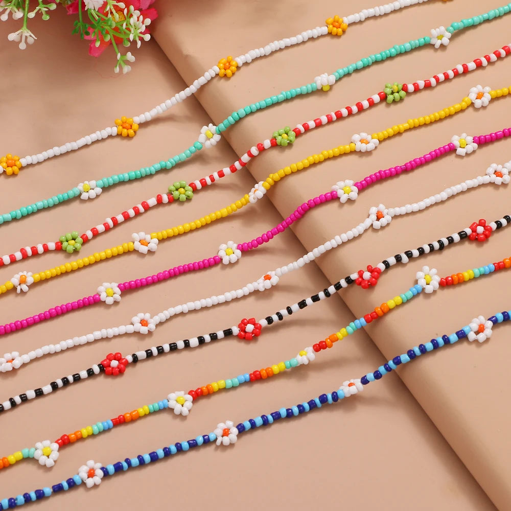 Colorful Beaded Pearl Choker Necklace Bohemian Flower Jewelry