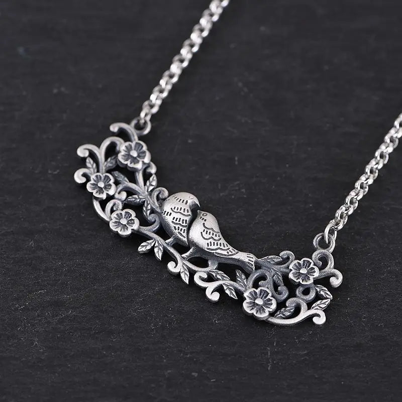 925 Silver Necklace Women Flower Bird Pendant