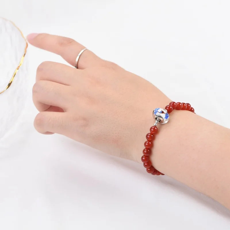 53mm Red Agate 925 Silver Bracelet Vintage Original S925 Women's Fine Jewelry