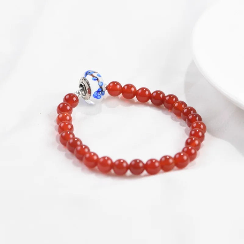 53mm Red Agate 925 Silver Bracelet Vintage Original S925 Women's Fine Jewelry