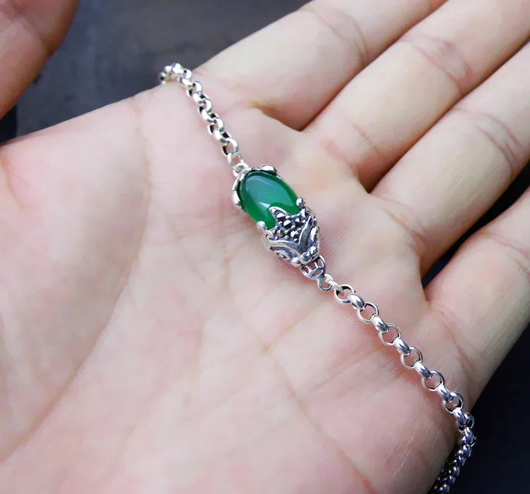 S925 Silver Pixiu Bracelet Green Agate 19.5cm Chain