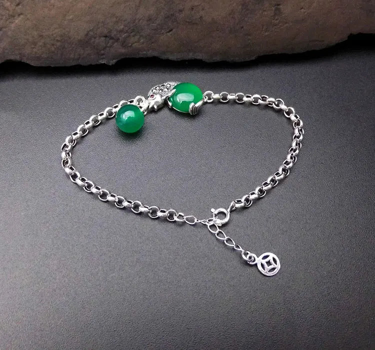 925 Silver Bracelet Women 19.8cm S925 Sterling Silver Fish Agate Bracelet