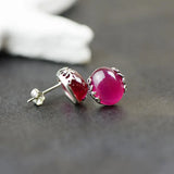 925 Silver Rose Red Corundum Stud Earrings Women Jewelry