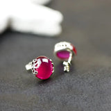 925 Silver Rose Red Corundum Stud Earrings Women Jewelry