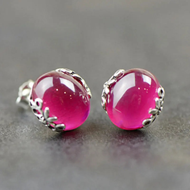 925 Silver Rose Red Corundum Stud Earrings Women Jewelry