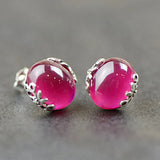 925 Silver Rose Red Corundum Stud Earrings Women Jewelry