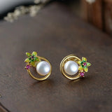 925 Silver Flower Earrings Natural Pearl Studs
