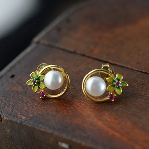 925 Silver Flower Earrings Natural Pearl Studs
