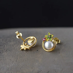 925 Silver Flower Earrings Natural Pearl Studs