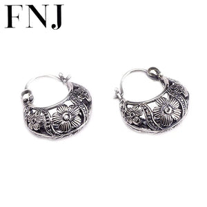 925 Silver Flower Earrings for Women Vintage Pure Sterling Hoop Earring