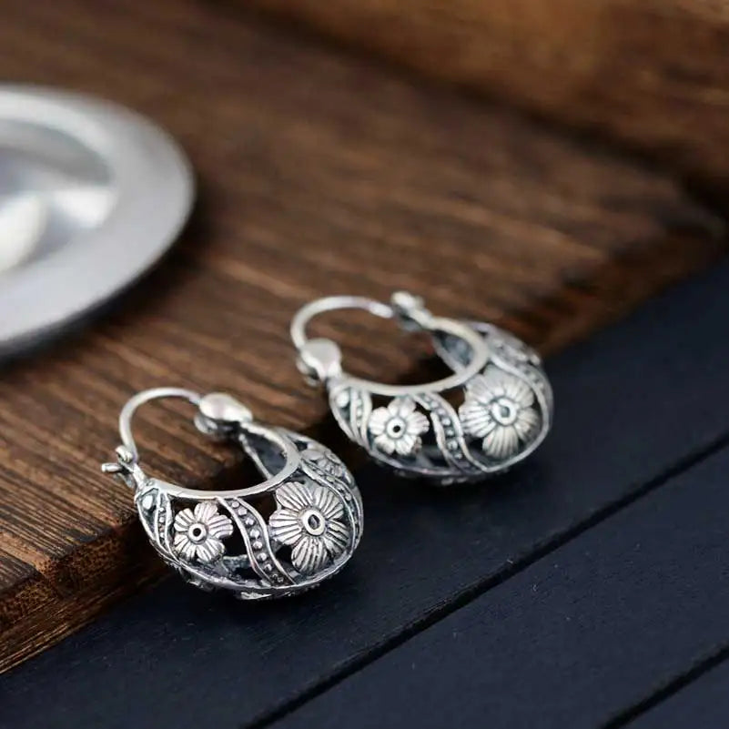 925 Silver Flower Earrings for Women Vintage Pure Sterling Hoop Earring