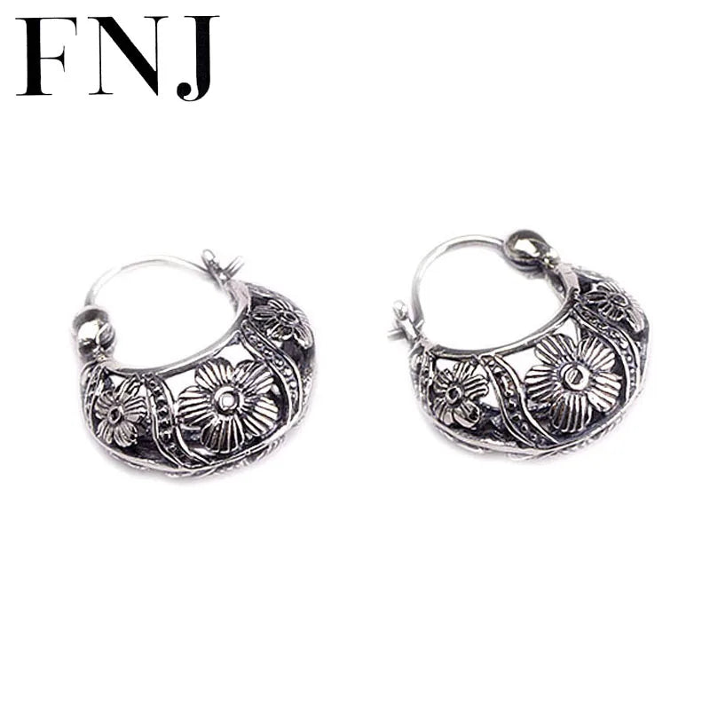925 Silver Flower Earrings for Women Vintage Pure Sterling Hoop Earring