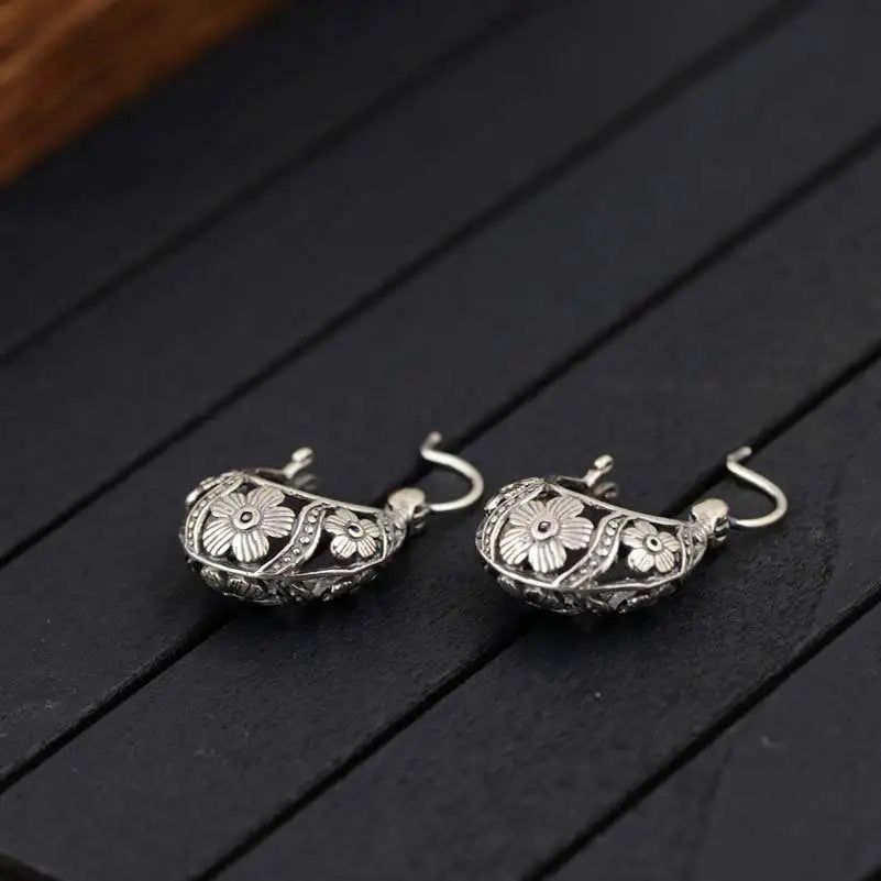925 Silver Flower Earrings for Women Vintage Pure Sterling Hoop Earring