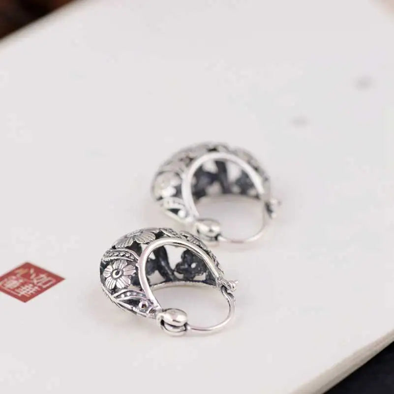925 Silver Flower Earrings for Women Vintage Pure Sterling Hoop Earring