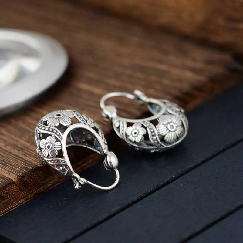 925 Silver Flower Earrings for Women Vintage Pure Sterling Hoop Earring