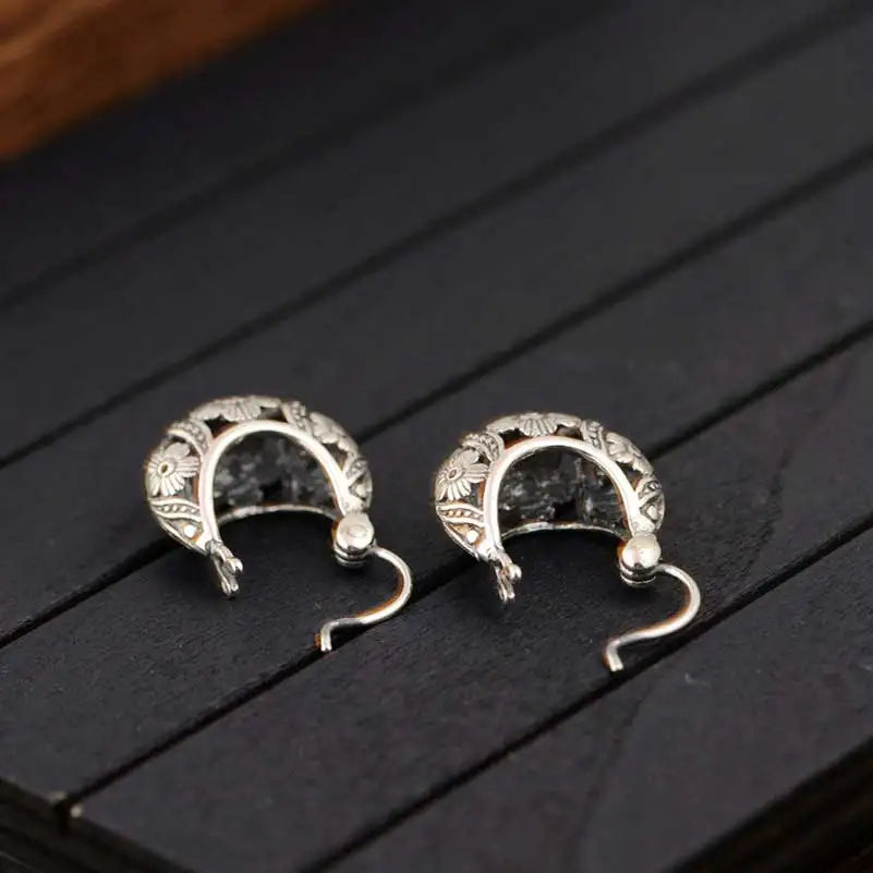 925 Silver Flower Earrings for Women Vintage Pure Sterling Hoop Earring