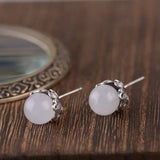 925 Silver Jade Ball Earrings Women Original S925 Sterling Silver Stud Earring
