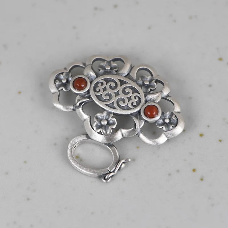 925 Silver Pendant Flower Fan S925 Silver Pendants Women Natural Lapis Red Agate