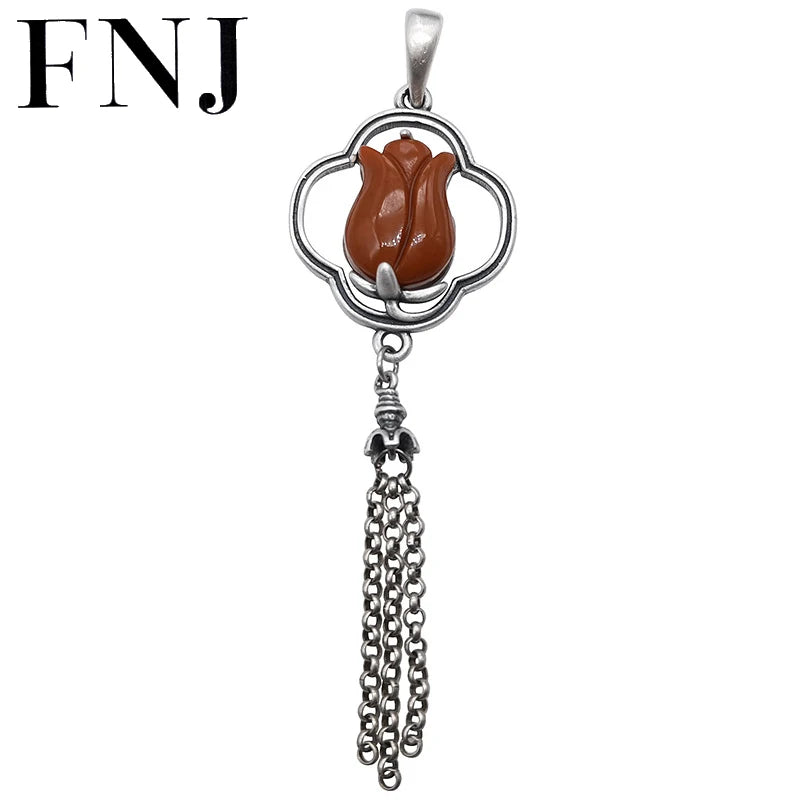 925 Silver Rose Flower Pendant with Red Agate