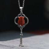 925 Silver Rose Flower Pendant with Red Agate