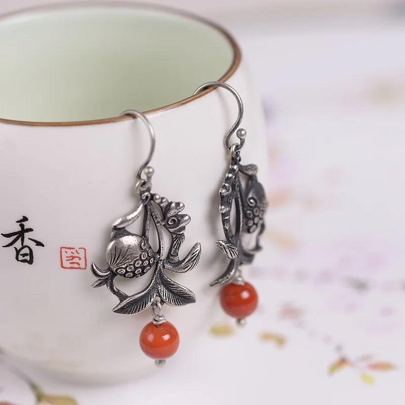 925 Silver Vintage Flower Earrings Red Agate