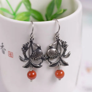 925 Silver Vintage Flower Earrings Red Agate