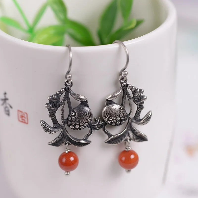 925 Silver Vintage Flower Earrings Red Agate