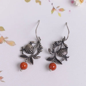 925 Silver Vintage Flower Earrings Red Agate