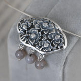 S990 Silver Peony Flower Gray Agate Pendant for Women