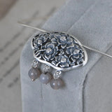 S990 Silver Peony Flower Gray Agate Pendant for Women
